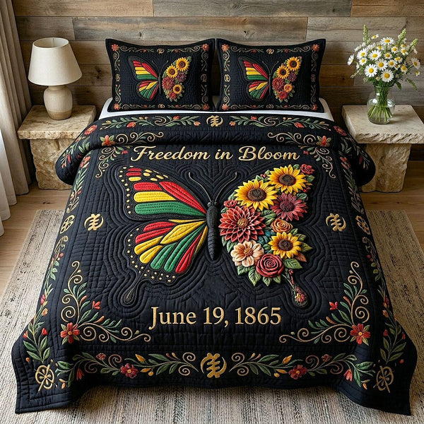 Melanin Legacy quilted 3-piece bedding set on a made bed with two matching pillow shams