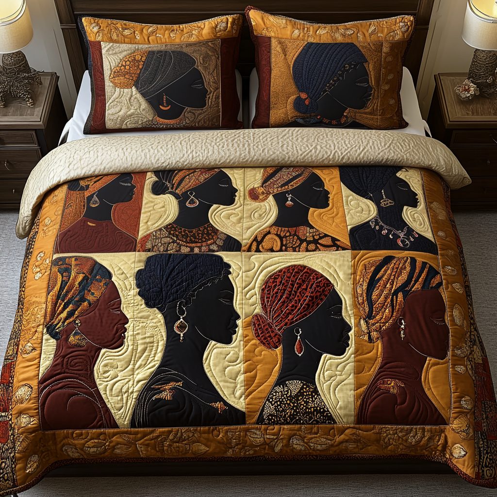 Melanin Majesty quilted 3-piece bedding set on a made bed with two matching pillow shams
