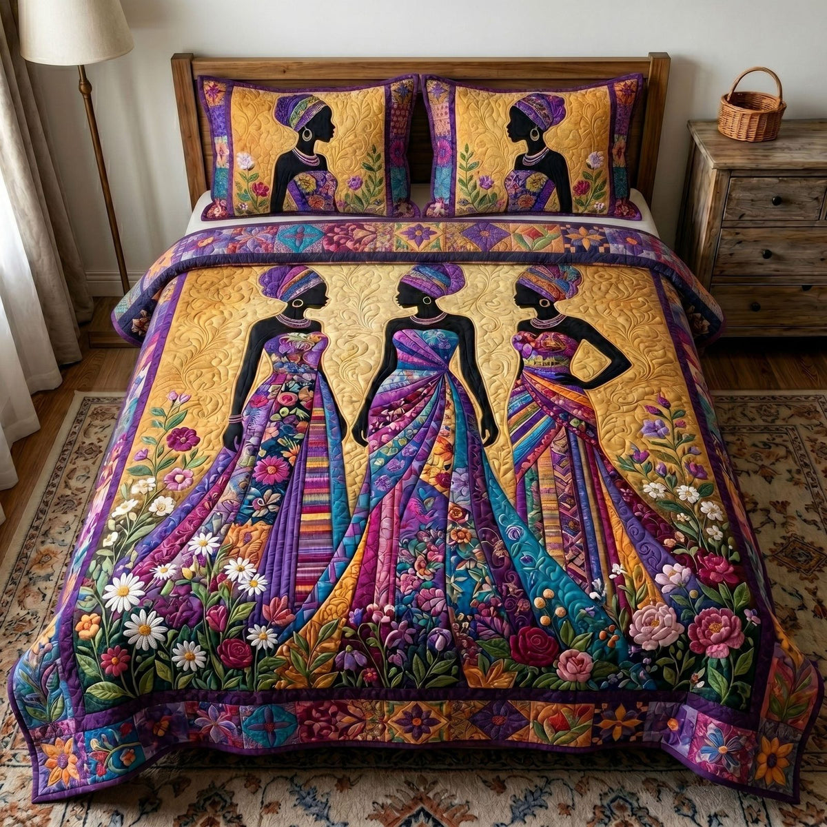 Melanin Queen quilted 3-piece bedding set on a made bed with two matching pillow shams