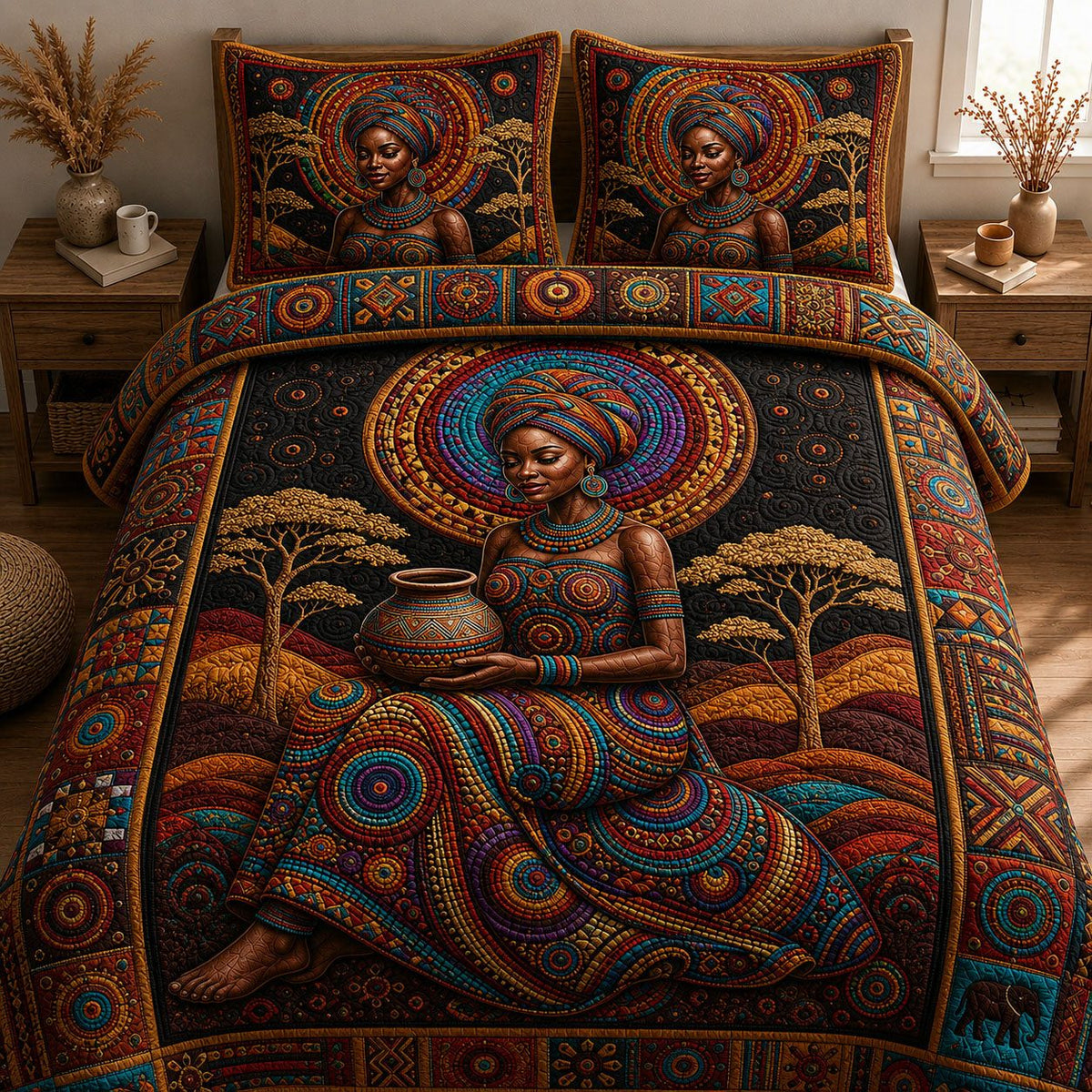 Melanin Queen quilted 3-piece bedding set on a made bed with two matching pillow shams