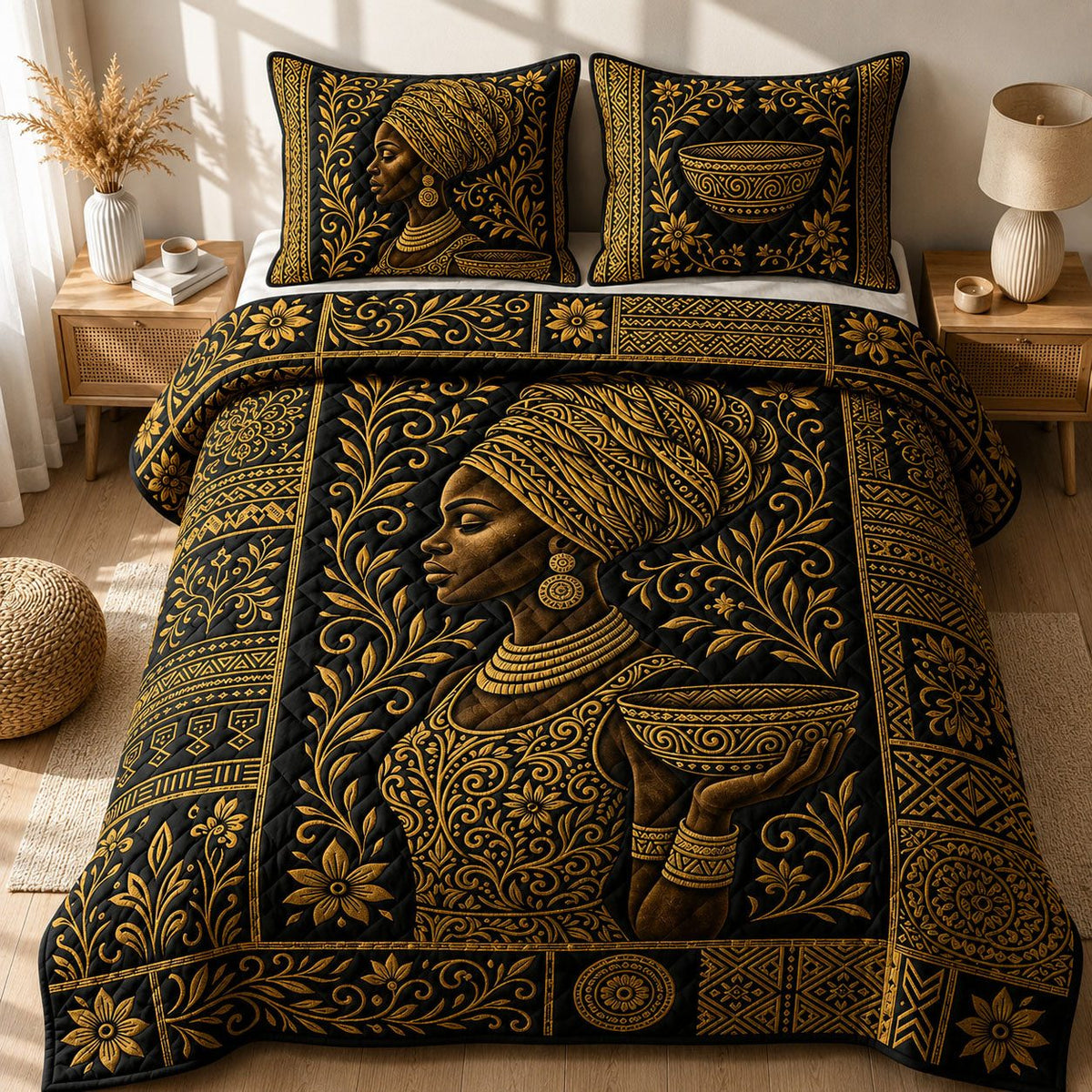 Melanin Queen quilted 3-piece bedding set on a made bed with two matching pillow shams
