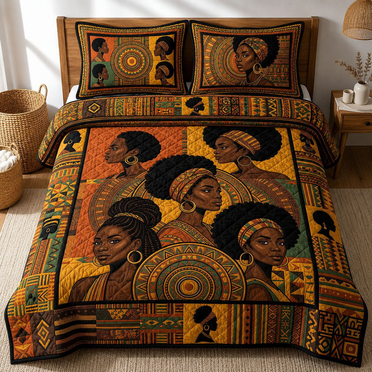 Melanin Queens quilted 3-piece bedding set on a made bed with two matching pillow shams
