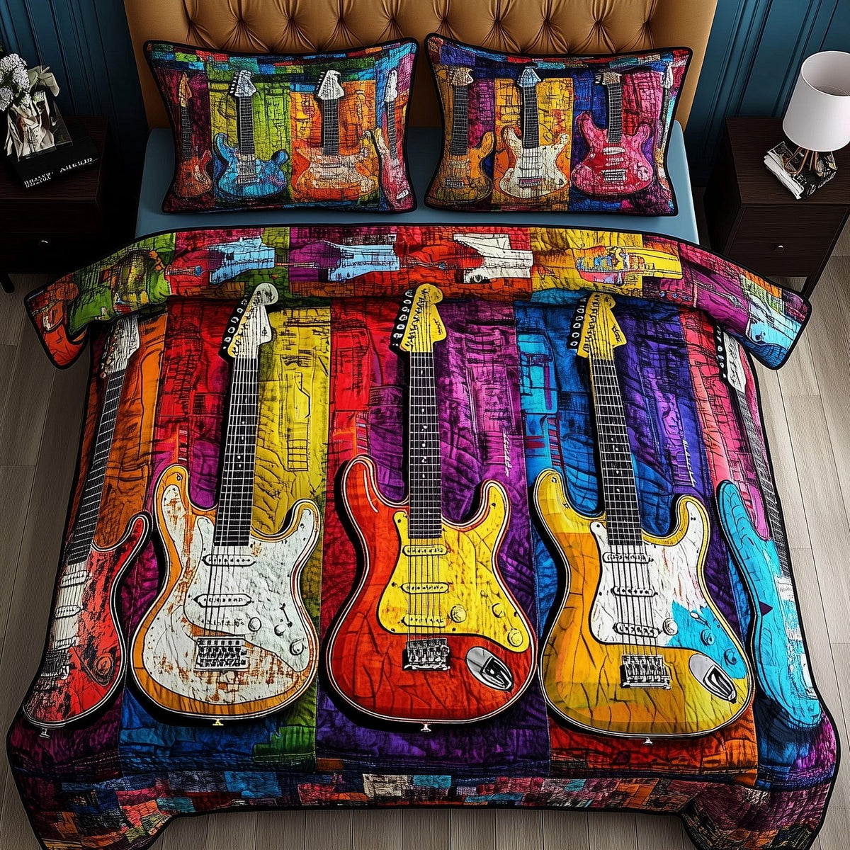 Melody Of Color Artistic Guitars quilted 3-piece bedding set on a made bed with two matching pillow shams