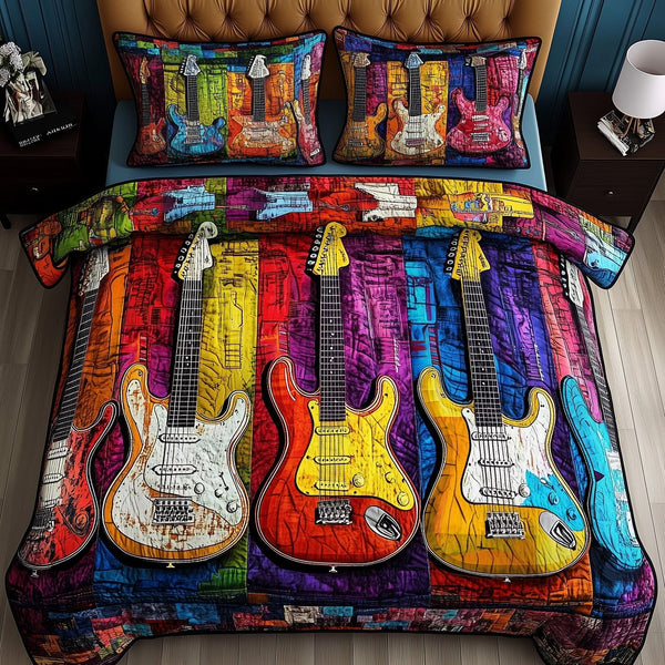 Melody Of Color Artistic Guitars quilted 3-piece bedding set on a made bed with two matching pillow shams
