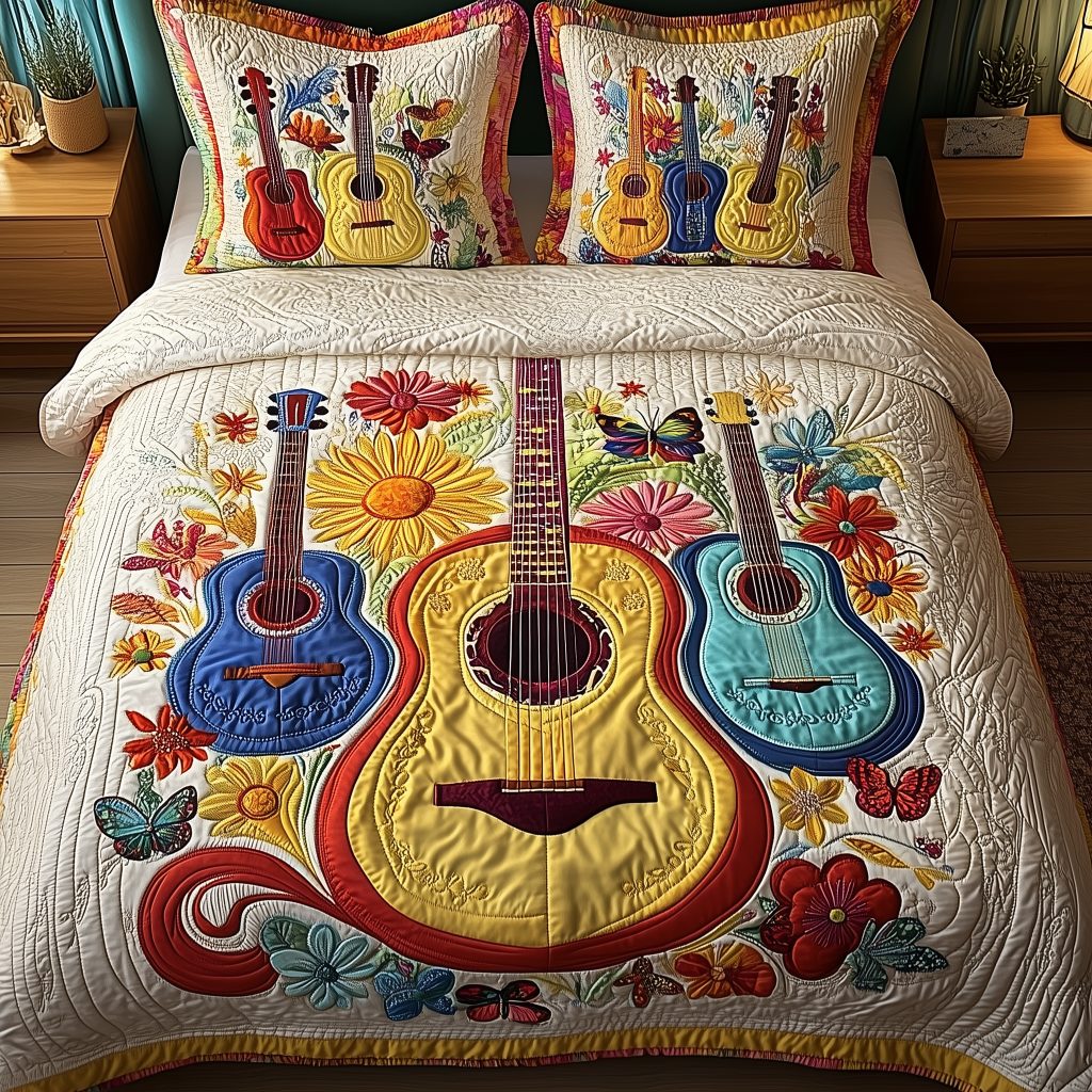 Melody Of Colors Guitar quilted 3-piece bedding set on a made bed with two matching pillow shams