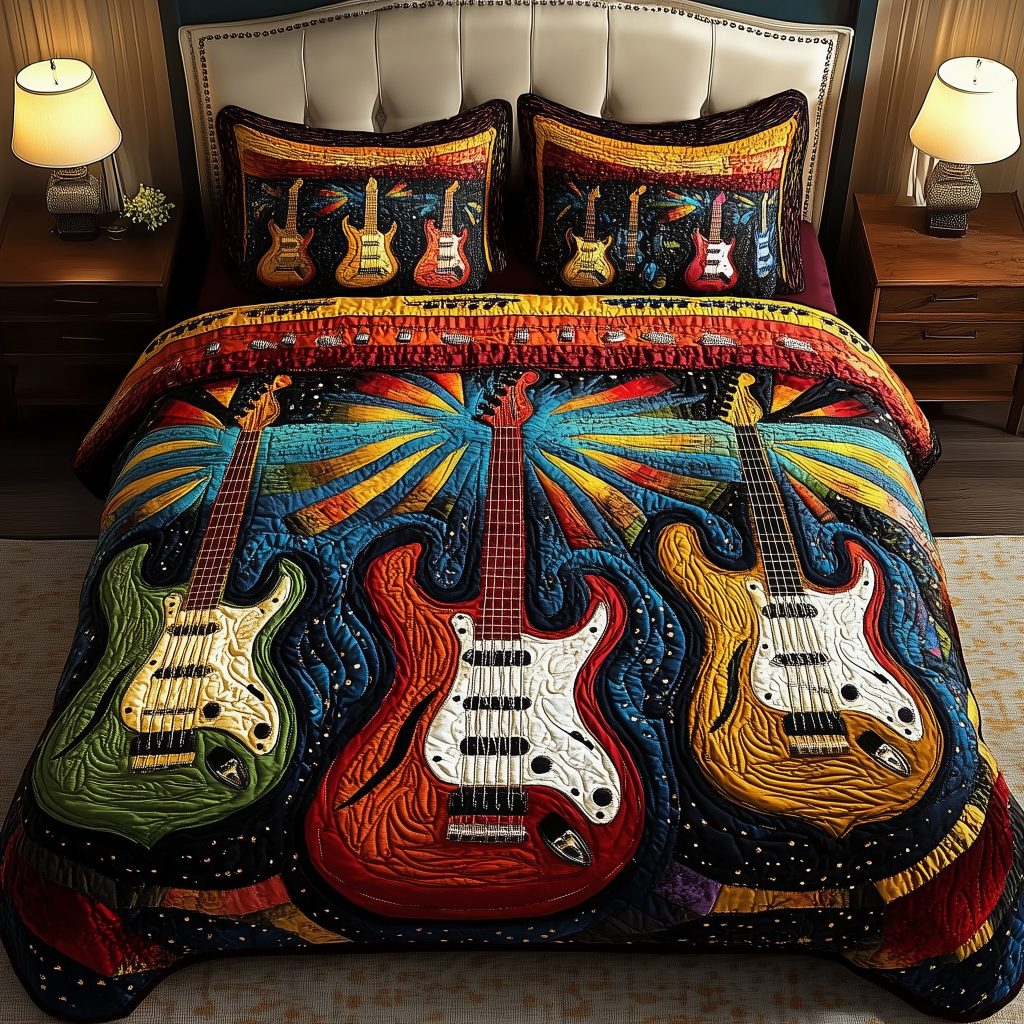 Melody Of Colors Guitar quilted 3-piece bedding set on a made bed with two matching pillow shams