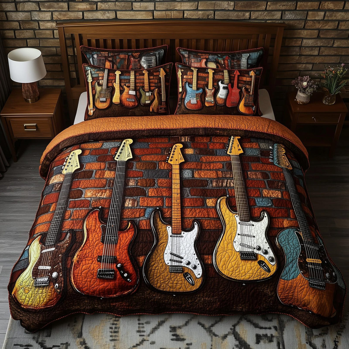 Melody of Soul quilted 3-piece bedding set on a made bed with two matching pillow shams