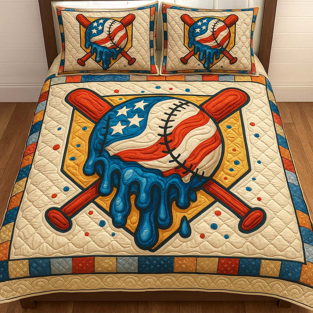 Melting Home Plate quilted 3-piece bedding set on a made bed with two matching pillow shams