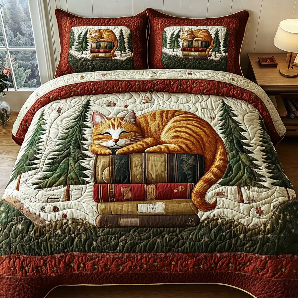 Meow Magic quilted 3-piece bedding set on a made bed with two matching pillow shams