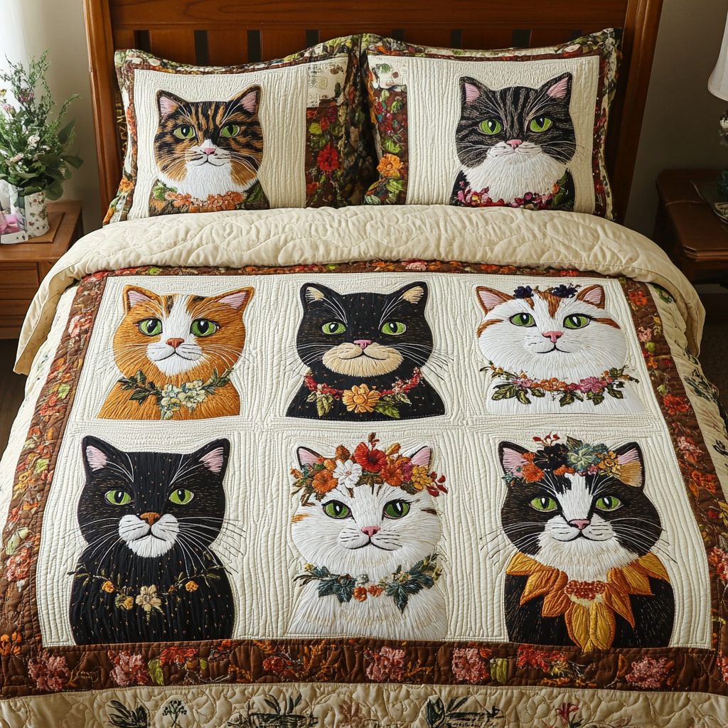 Meow Nest quilted 3-piece bedding set on a made bed with two matching pillow shams