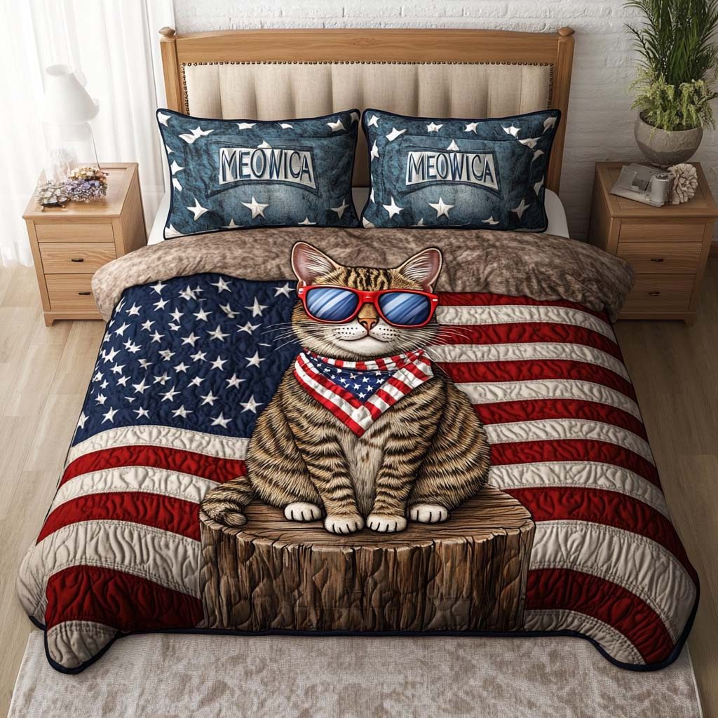 Meowica Vibes quilted 3-piece bedding set on a made bed with two matching pillow shams