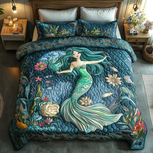 Mermaid Dream quilted 3-piece bedding set on a made bed in a light coastal bedroom