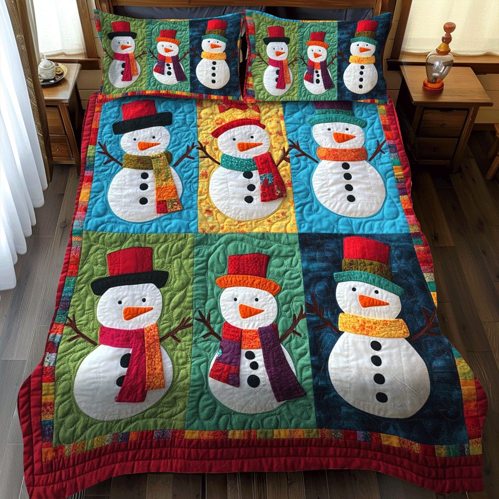 Merry And Bright quilted 3-piece bedding set on a made bed in a winter-styled bedroom
