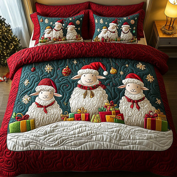 Merry Baah-mas quilted 3-piece bedding set on a made bed in a winter-styled bedroom