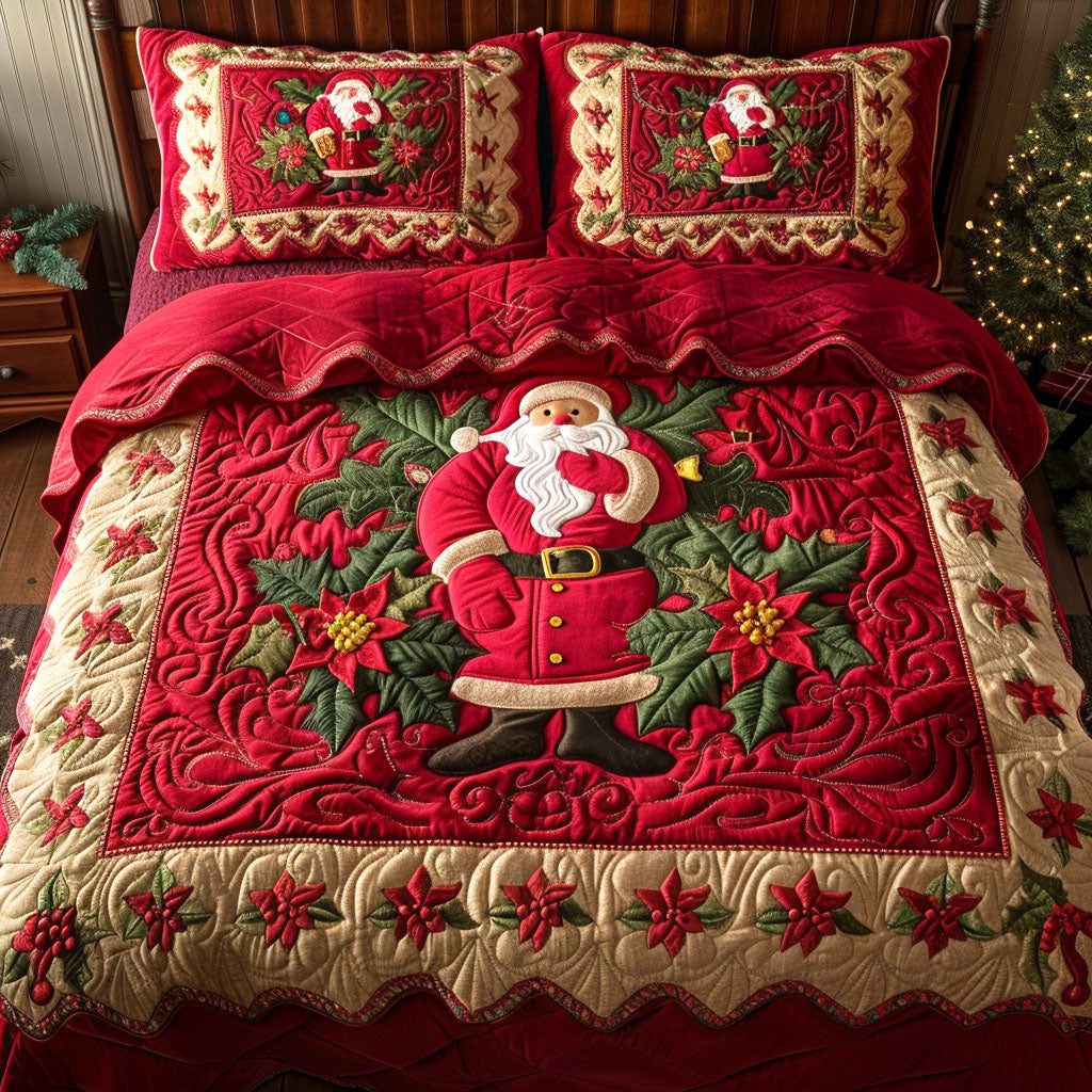 Merry Blossom quilted 3-piece bedding set on a made bed in a winter-styled bedroom