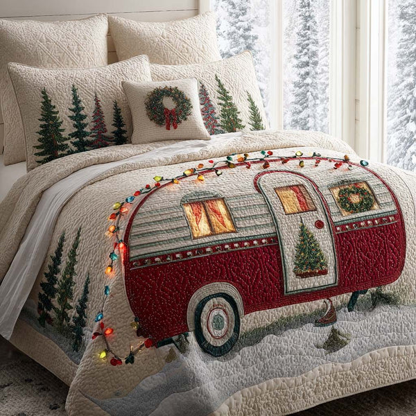 Merry Camp Retreat quilted 3-piece bedding set on a made bed in a winter-styled bedroom