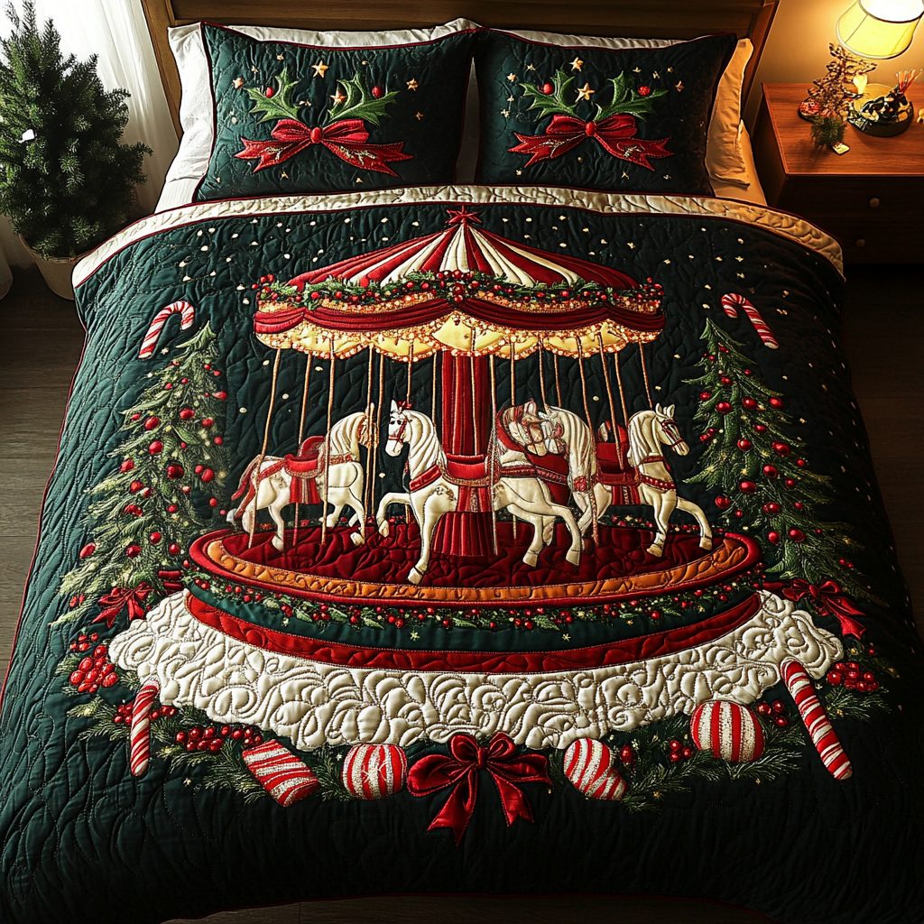 Merry Carousel Nights quilted 3-piece bedding set on a made bed in a winter-styled bedroom