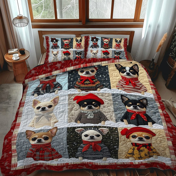 Merry Chi-mas quilted 3-piece bedding set on a made bed in a winter-styled bedroom