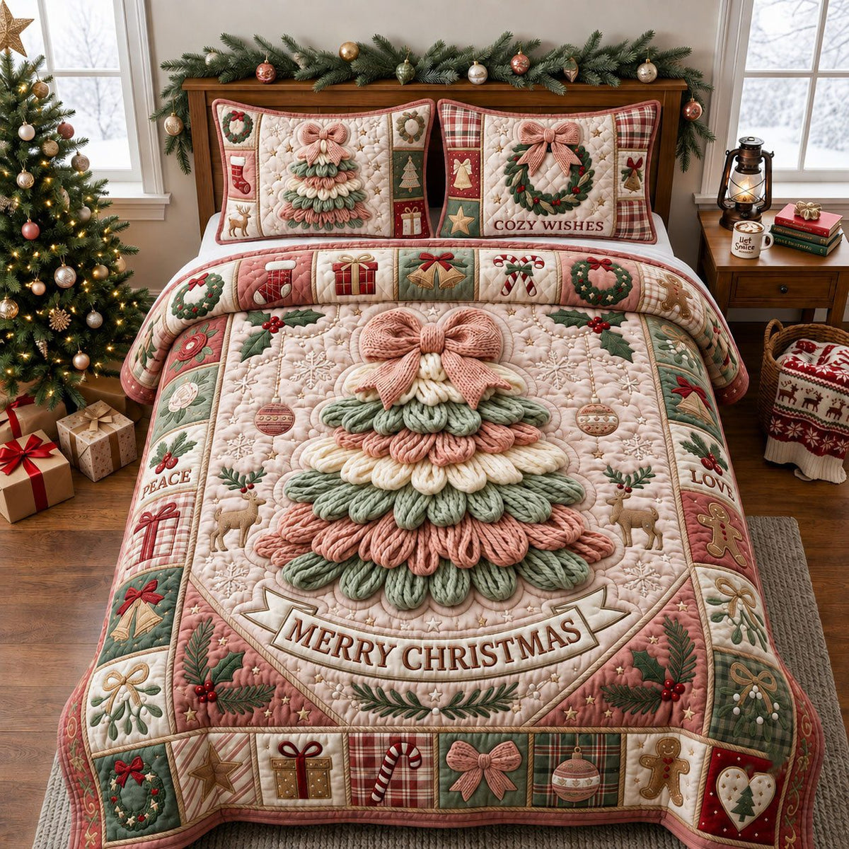 Merry Christmas Crochet quilted 3-piece bedding set on a made bed in a winter-styled bedroom
