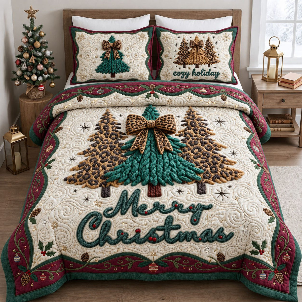 Merry Christmas Crochet quilted 3-piece bedding set on a made bed in a winter-styled bedroom