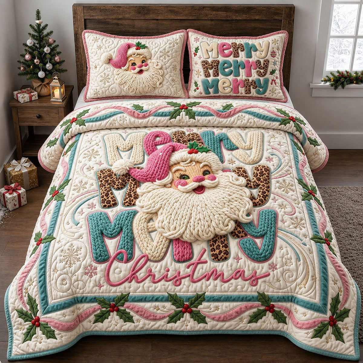 Merry Christmas Crochet quilted 3-piece bedding set on a made bed in a winter-styled bedroom