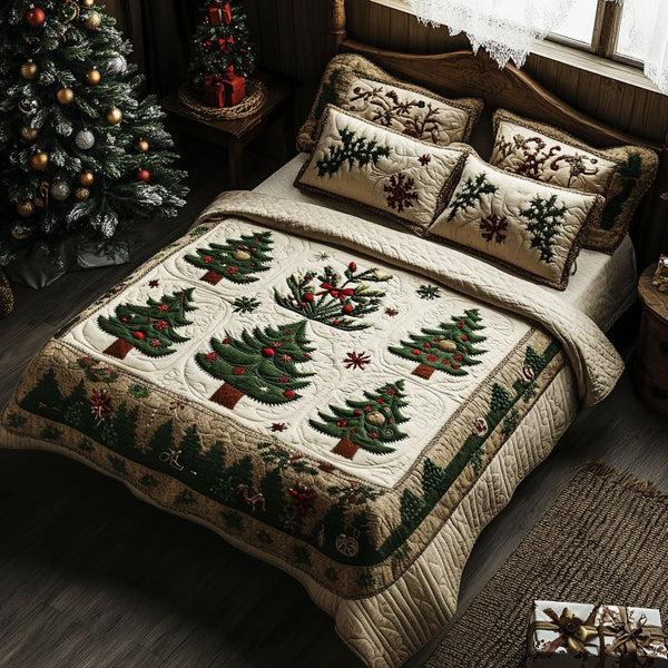 Merry Christmas Journey quilted 3-piece bedding set on a made bed in a winter-styled bedroom