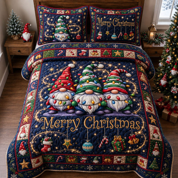 Merry Christmas quilted 3-piece bedding set on a made bed in a winter-styled bedroom