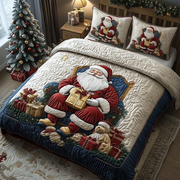 Merry Claus Christmas quilted 3-piece bedding set on a made bed in a winter-styled bedroom