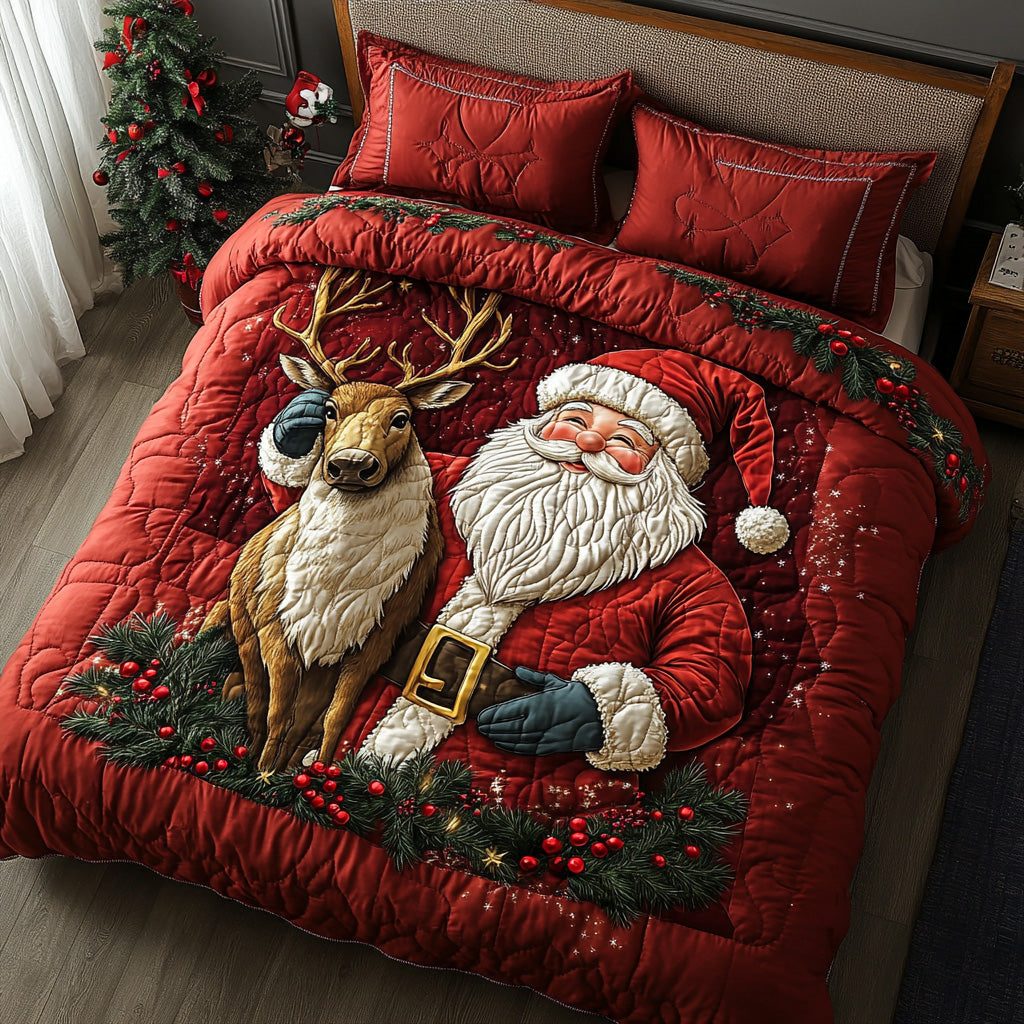 Merry Claus quilted 3-piece bedding set on a made bed in a winter-styled bedroom
