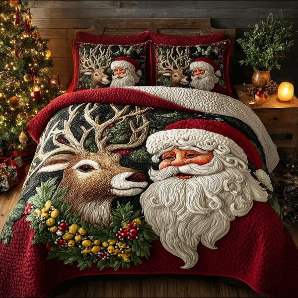 Merry Dreams quilted 3-piece bedding set on a made bed in a winter-styled bedroom