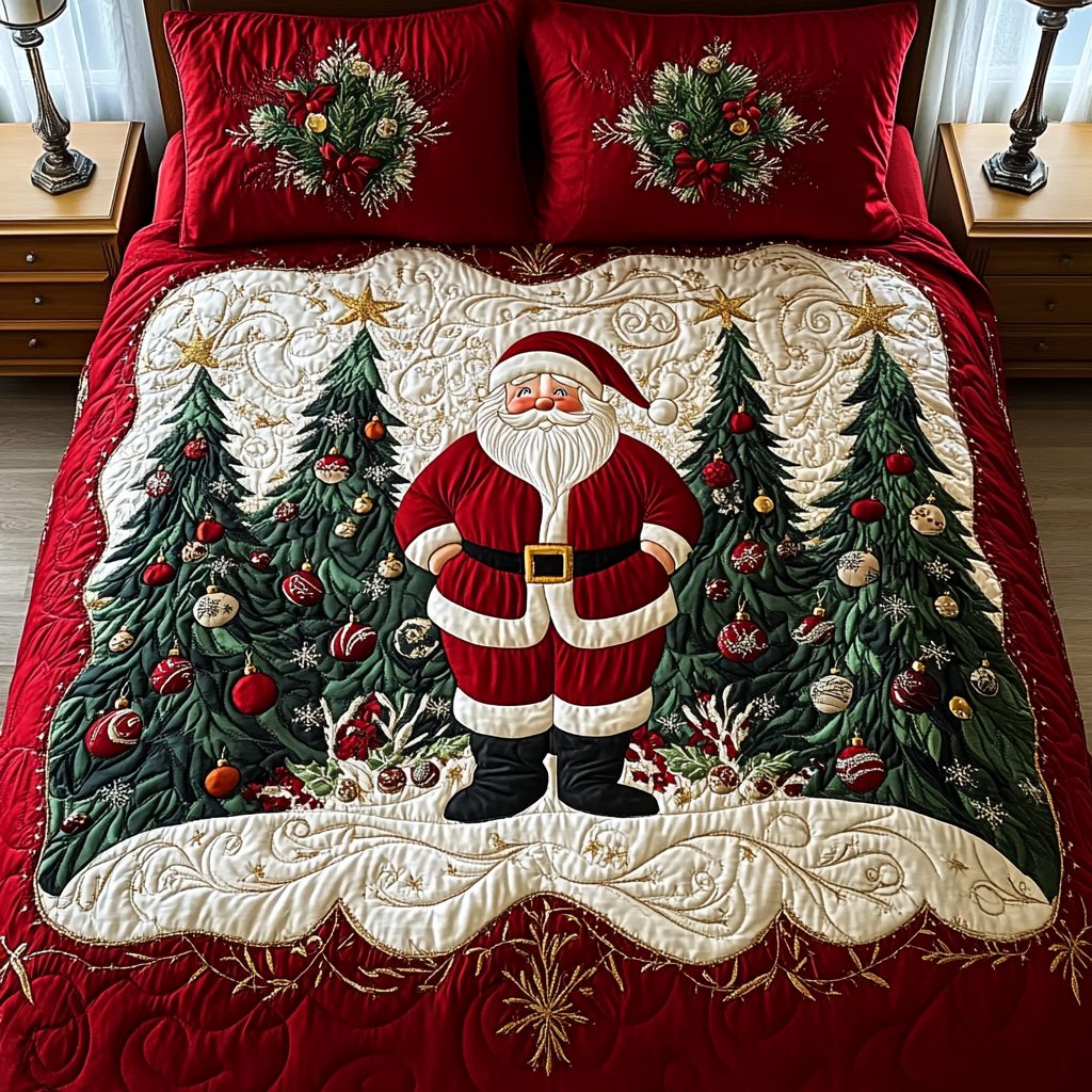 Merry Dreams quilted 3-piece bedding set on a made bed in a winter-styled bedroom