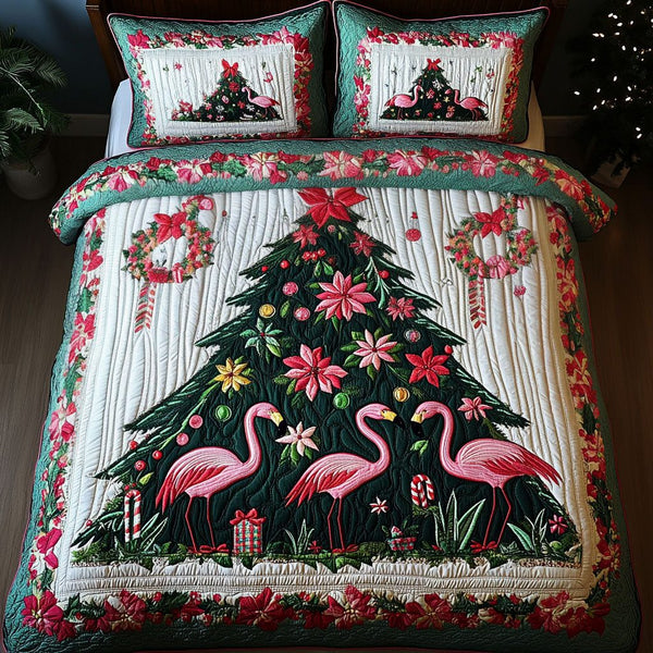 Merry Flamingos Tree quilted 3-piece bedding set on a made bed in a winter-styled bedroom