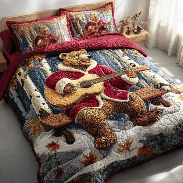 Merry Forest Bear quilted 3-piece bedding set on a made bed in a winter-styled bedroom