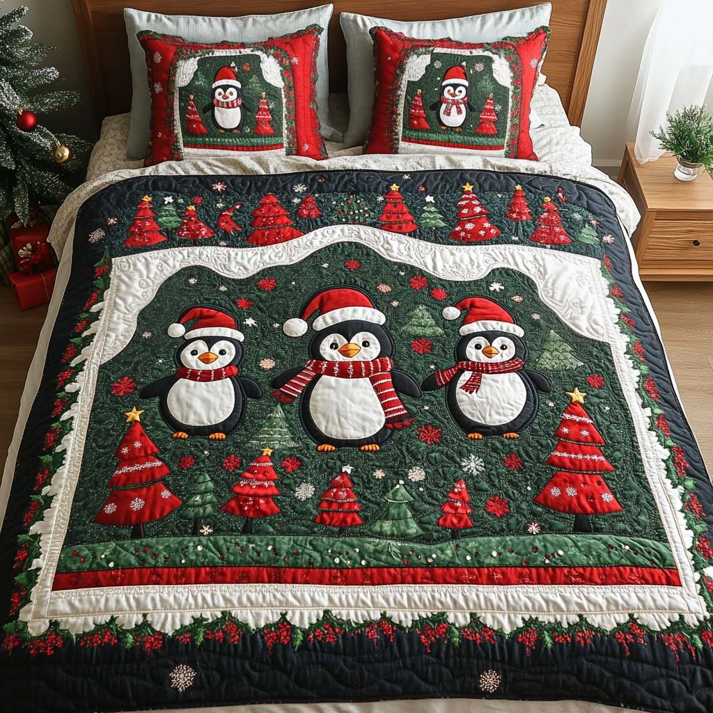 Merry Forest quilted 3-piece bedding set on a made bed in a winter-styled bedroom