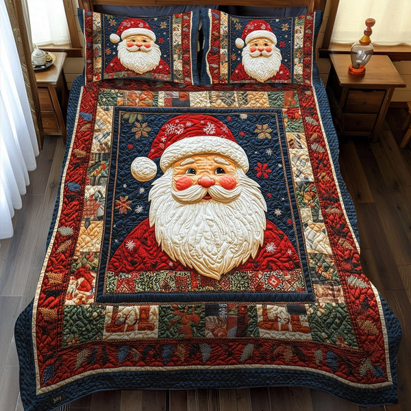 Merry Forestland quilted 3-piece bedding set on a made bed in a winter-styled bedroom