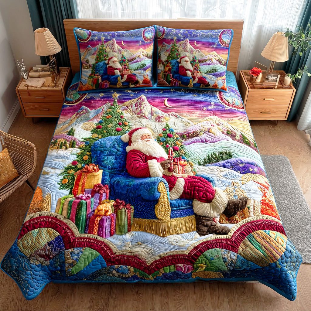 Merry Gift Trail quilted 3-piece bedding set on a made bed in a winter-styled bedroom