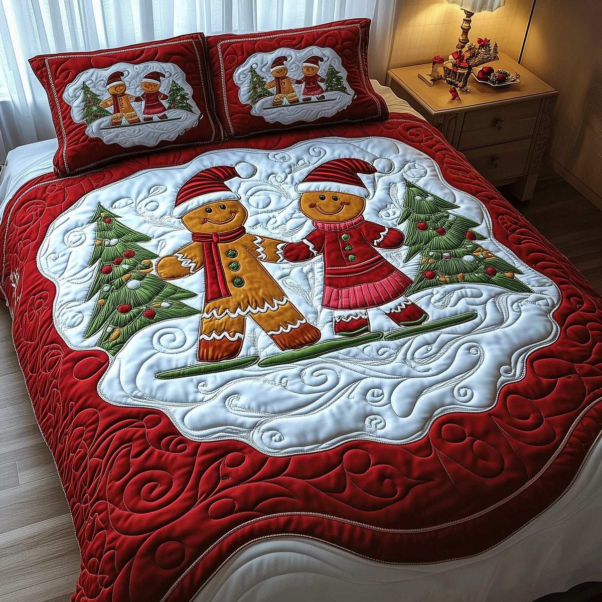 Merry Gingerbread Nights quilted 3-piece bedding set on a made bed in a winter-styled bedroom