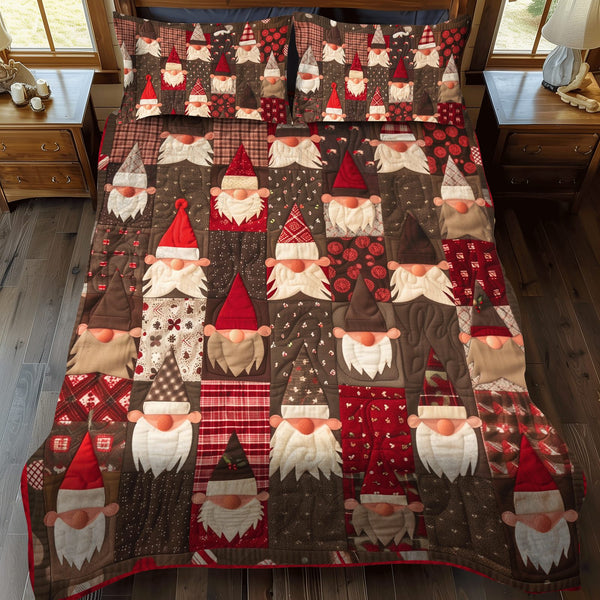 Merry Gnome Gatherings quilted 3-piece bedding set on a made bed in a winter-styled bedroom