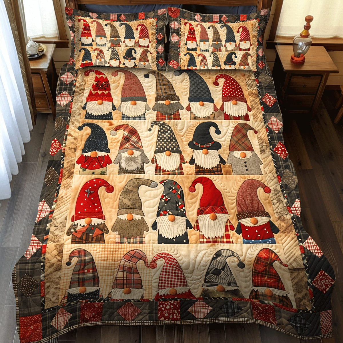 Merry Gnome quilted 3-piece bedding set on a made bed in a winter-styled bedroom