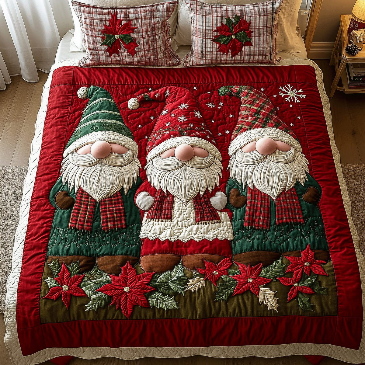Merry Gnome quilted 3-piece bedding set on a made bed in a winter-styled bedroom