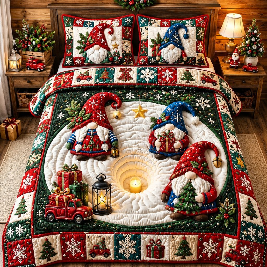 Merry Gnomes Christmas quilted 3-piece bedding set on a made bed in a winter-styled bedroom