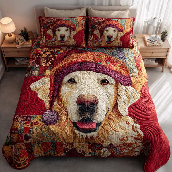 Merry Golden Retriever quilted 3-piece bedding set on a made bed in a winter-styled bedroom