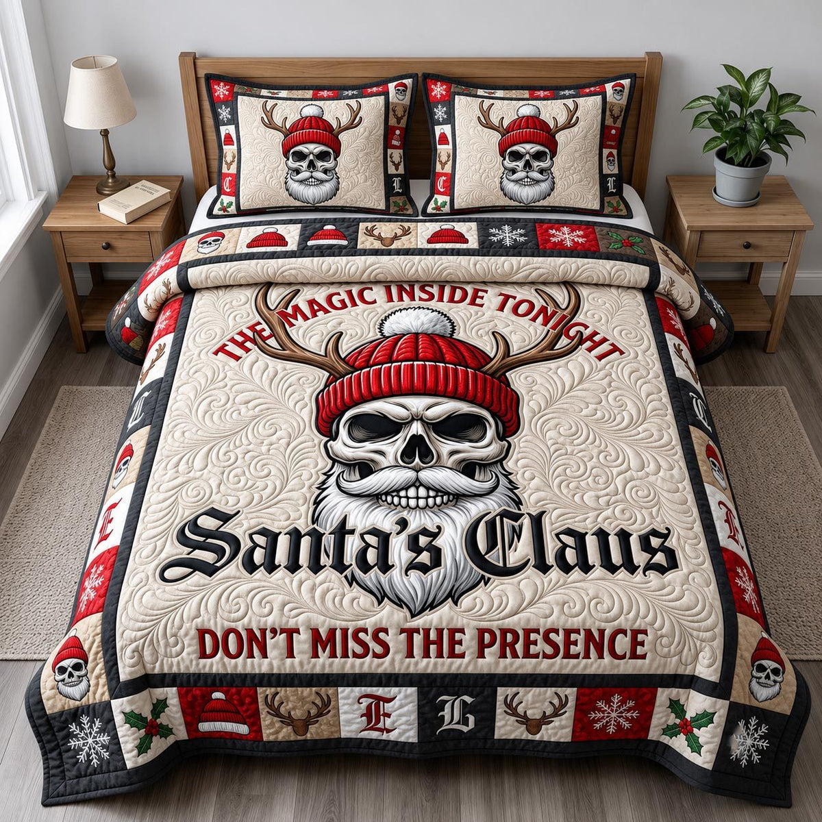 Merry Gothmas quilted 3-piece bedding set on a made bed in a winter-styled bedroom