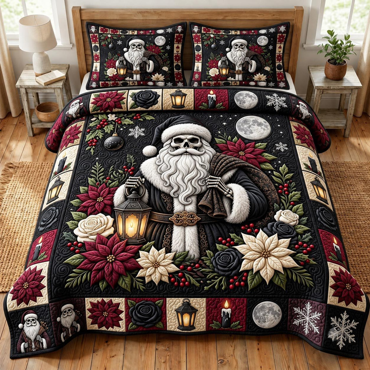 Merry Gothmas quilted 3-piece bedding set on a made bed in a winter-styled bedroom