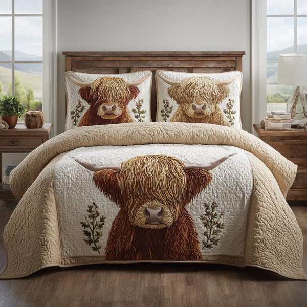 Merry Highland quilted 3-piece bedding set on a made bed in a winter-styled bedroom