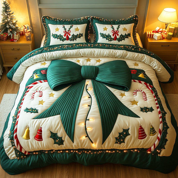 Merry Knot quilted 3-piece bedding set on a made bed in a winter-styled bedroom