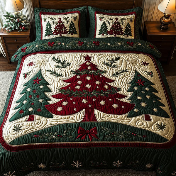 Merry Light quilted 3-piece bedding set on a made bed in a winter-styled bedroom