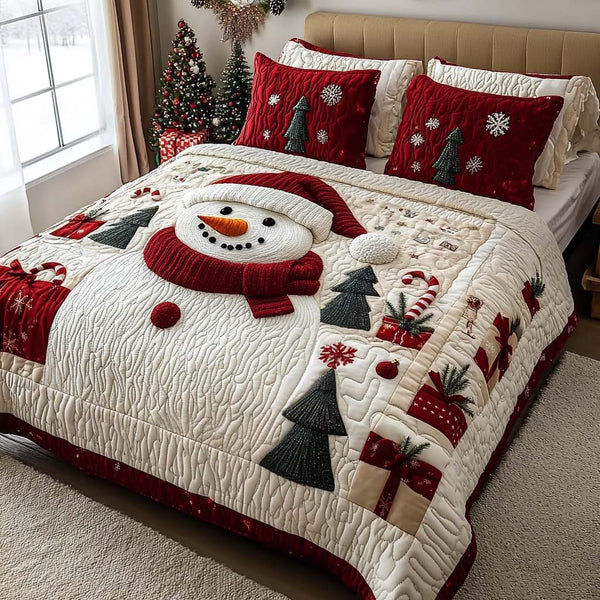 Merry Little Moments quilted 3-piece bedding set on a made bed in a winter-styled bedroom