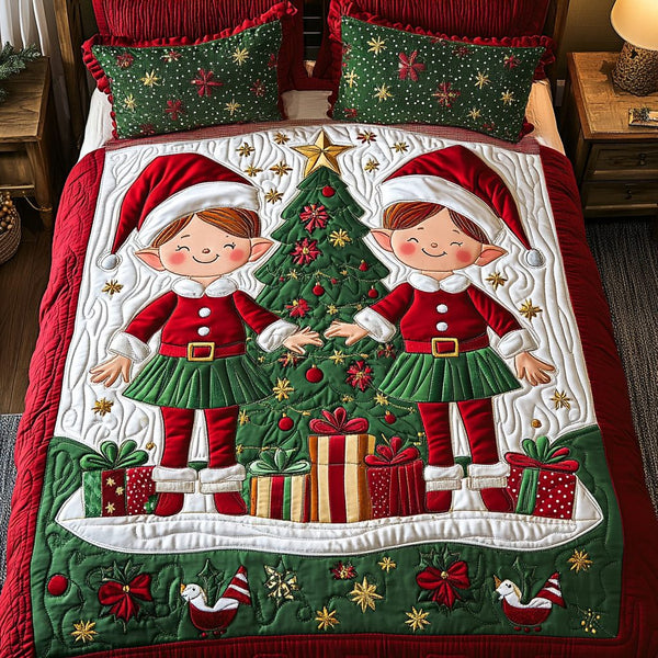Merry Magic Helpers quilted 3-piece bedding set on a made bed in a winter-styled bedroom