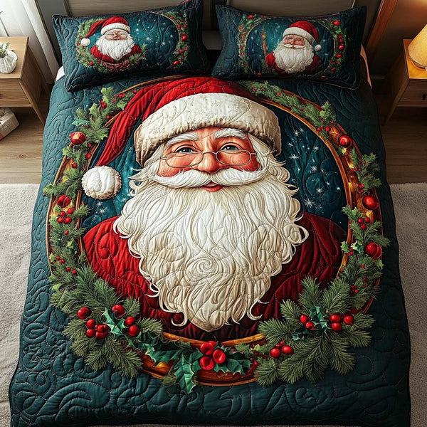 Merry Magic quilted 3-piece bedding set on a made bed in a winter-styled bedroom
